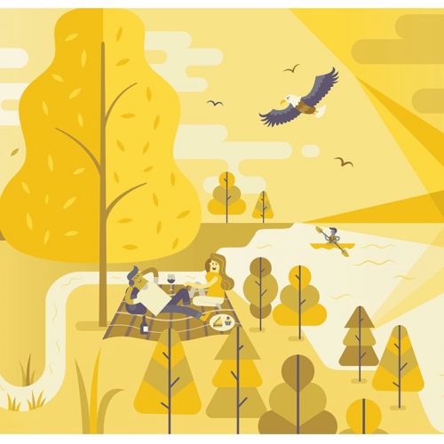 Yellow abstract landscape with trees, people, and buildings