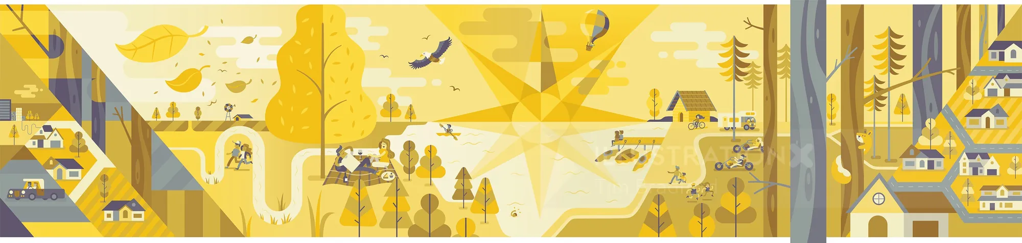 Yellow abstract landscape with trees, people, and buildings