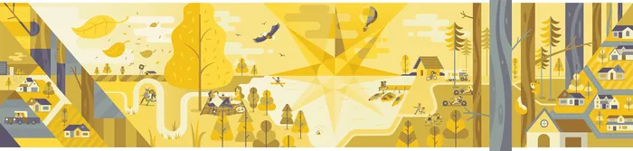 Yellow abstract landscape with trees, people, and buildings