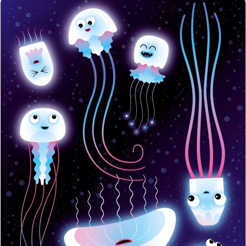 Cartoon glowing jellyfish with smiling faces underwater