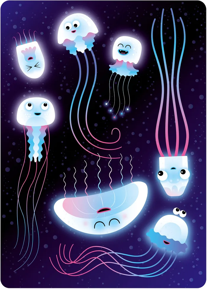 Cartoon glowing jellyfish with smiling faces underwater