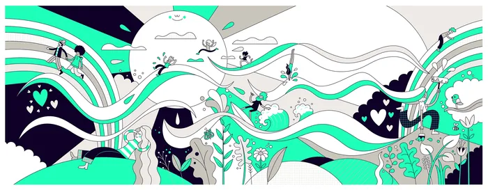 Abstract vibrant artwork with flowing lines, plants, and human figures.