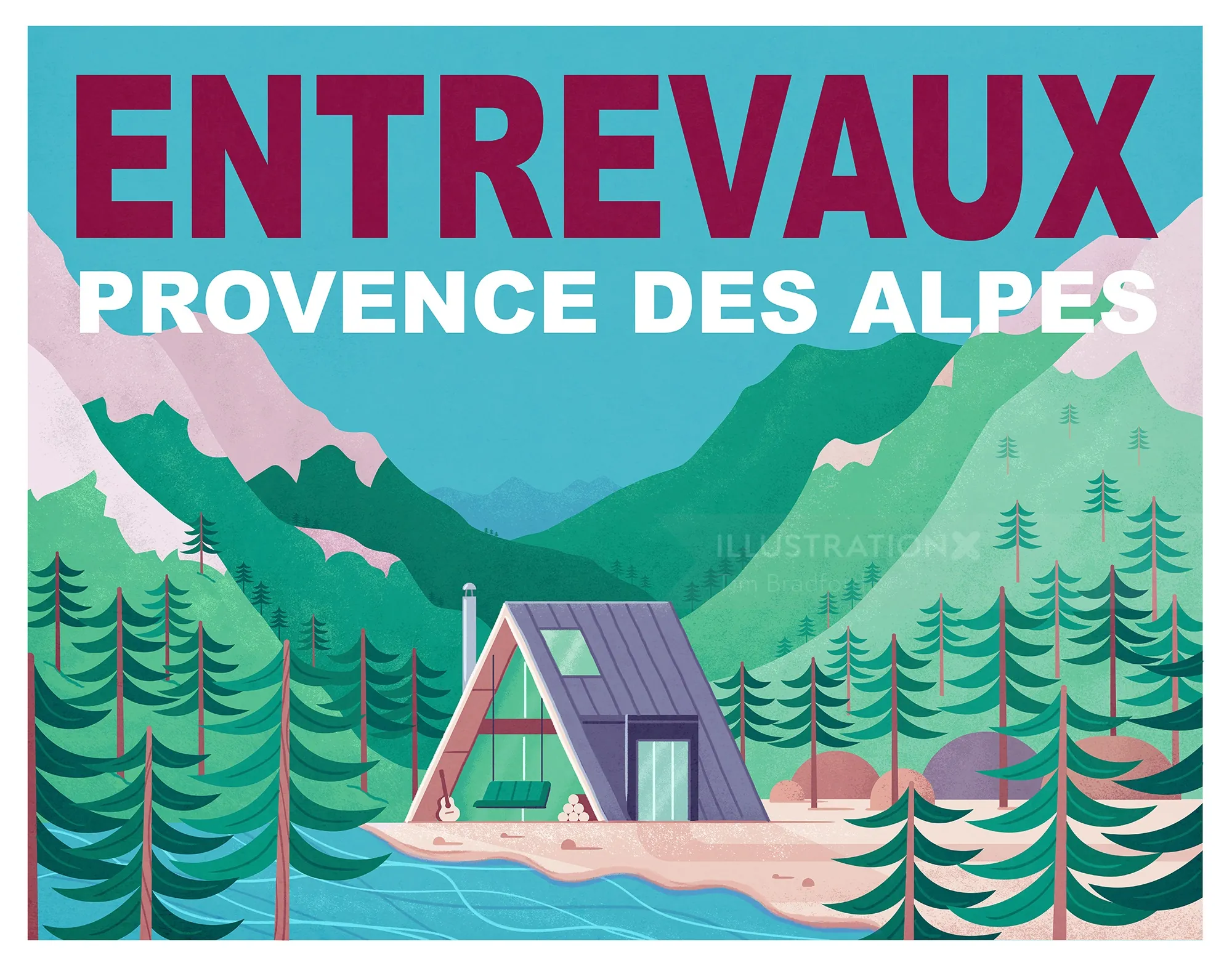 Illustration of A-frame cabin by lake with mountains and trees