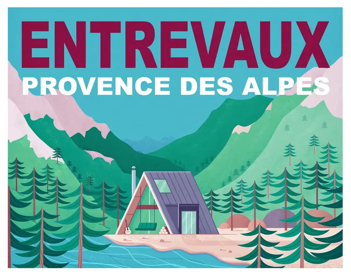 Illustration of A-frame cabin by lake with mountains and trees
