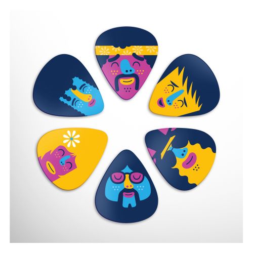 Six guitar picks featuring colorful faces arranged in a circle