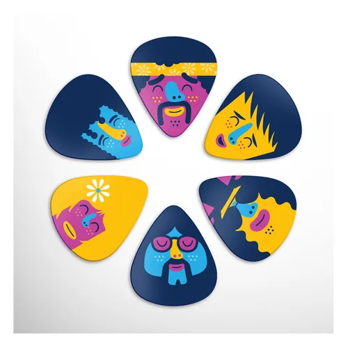 Circular arrangement of colorful guitar picks with happy expressions