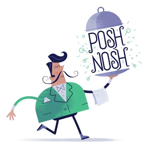 Waiter carrying a cloche with the words Posh Nosh