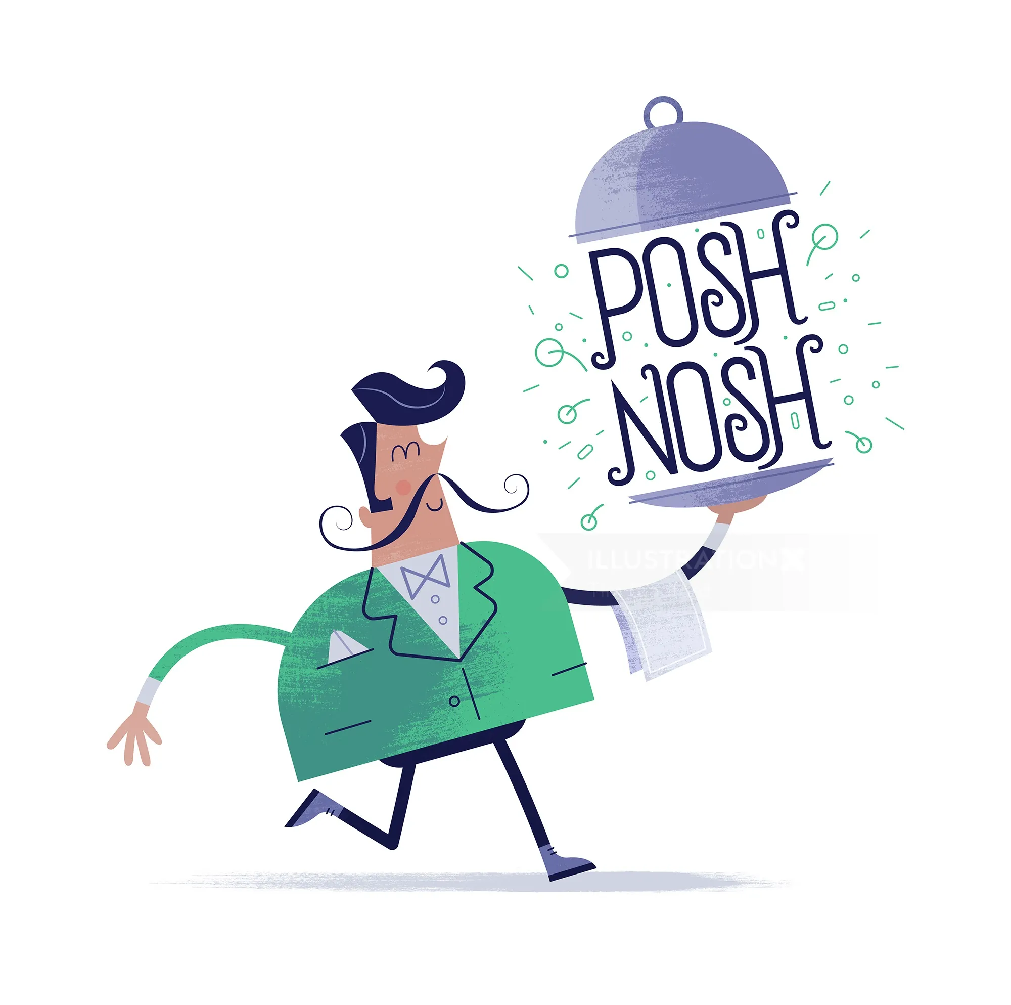 Waiter carrying a cloche with the words Posh Nosh