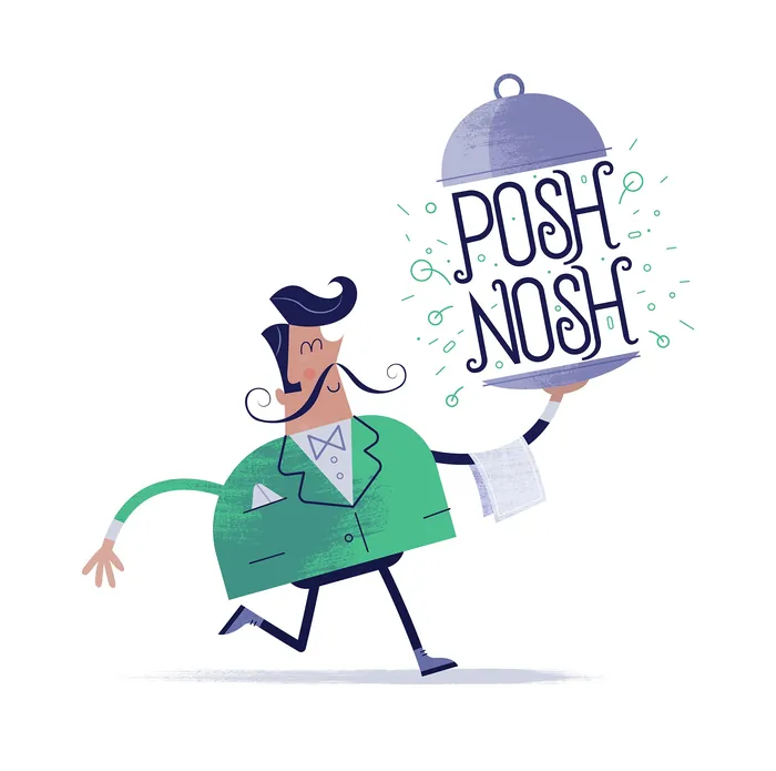 Waiter carrying a cloche with the words Posh Nosh