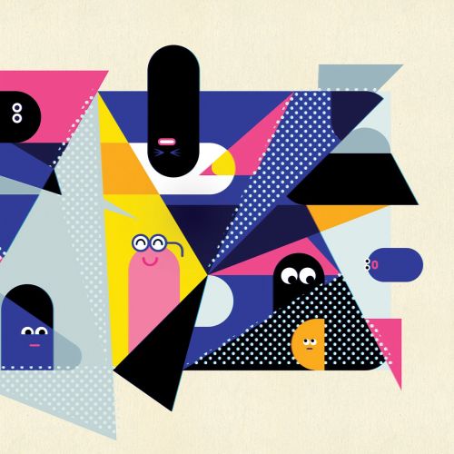 Vibrant geometric artwork with fun smiling faces on shapes