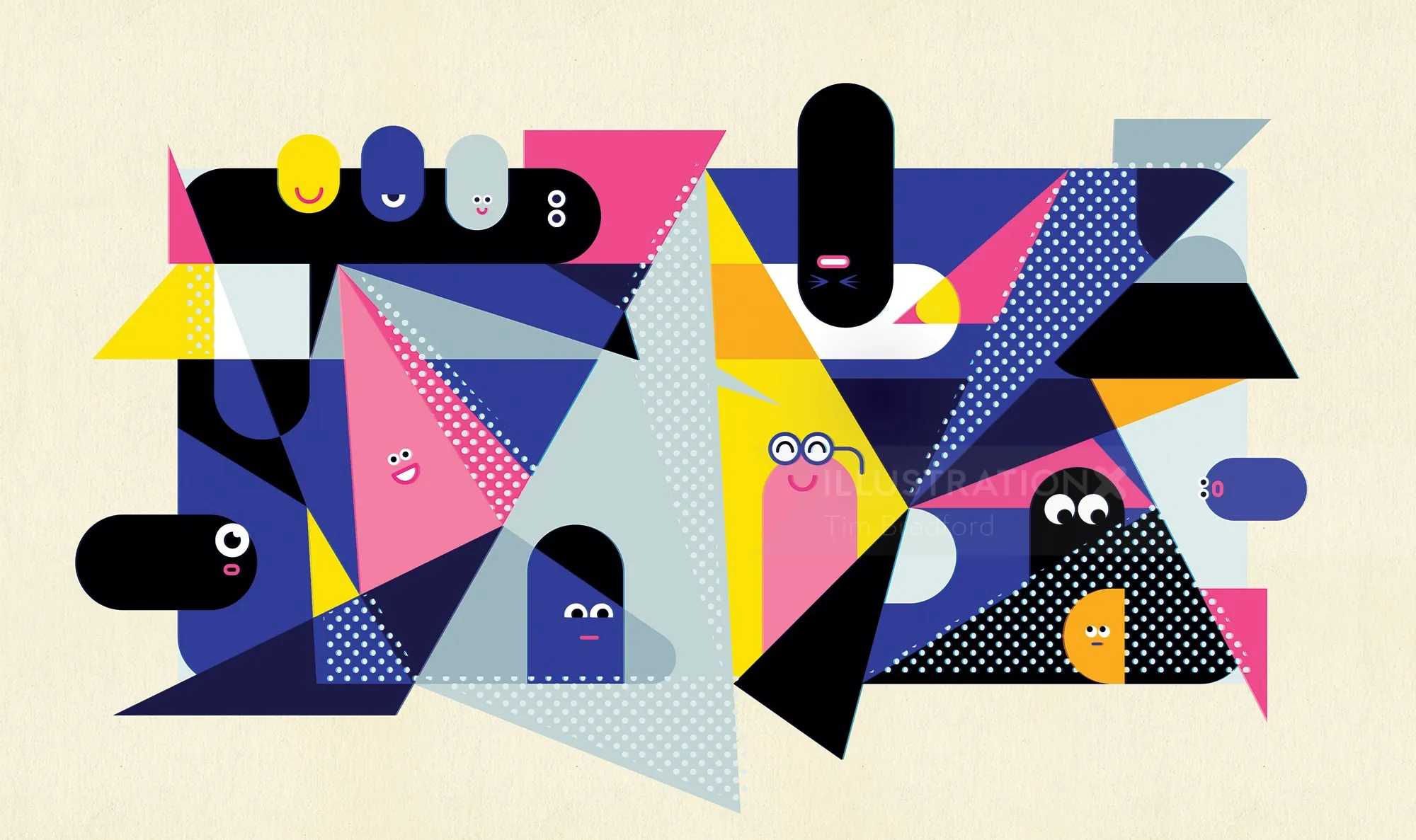 Vibrant geometric artwork with fun smiling faces on shapes