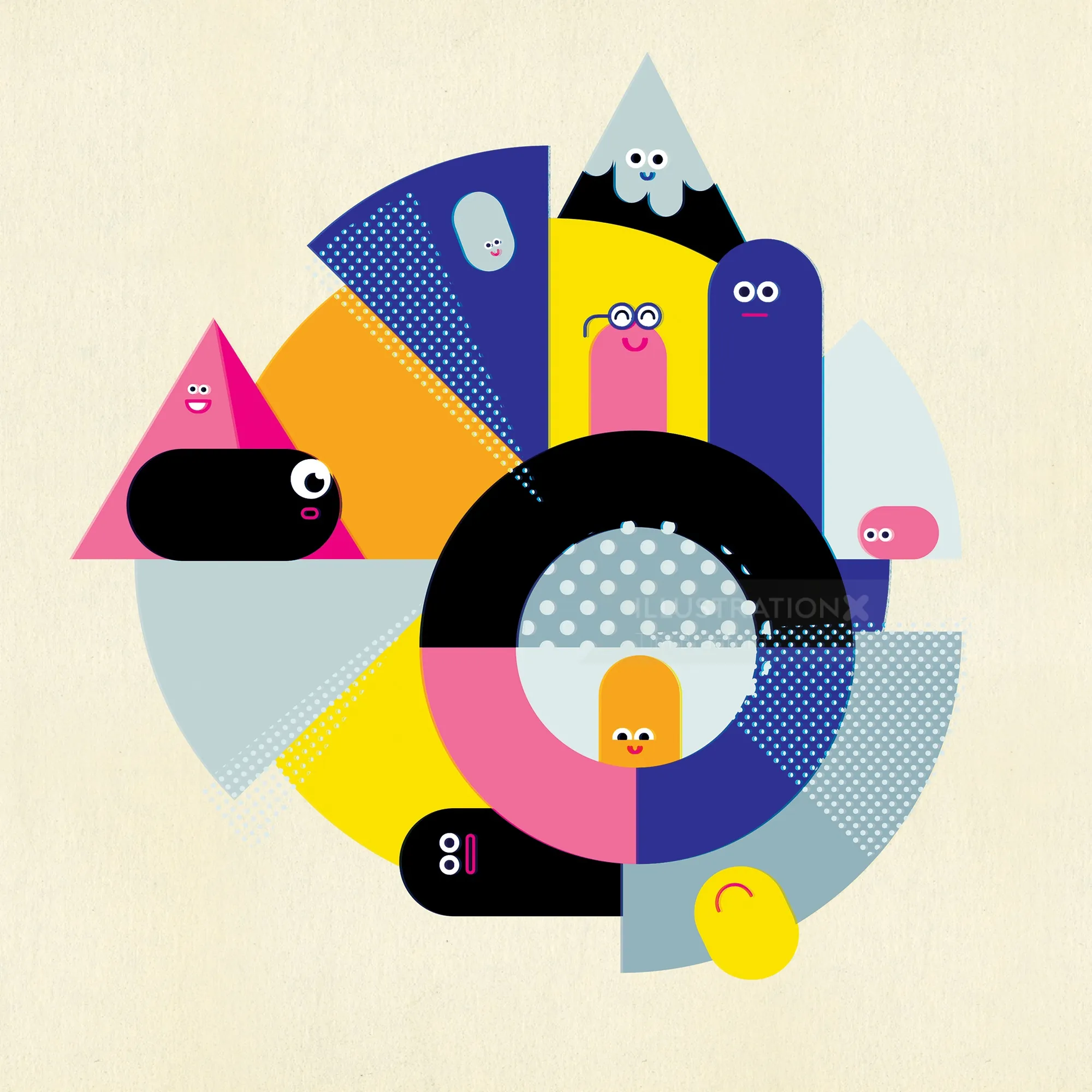 Playful circular illustration of abstract shapes with happy faces