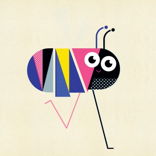 Playful ant illustration in bright geometric shapes