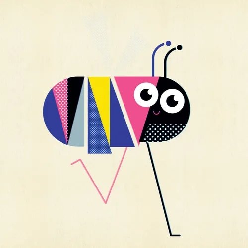 Playful ant illustration in bright geometric shapes