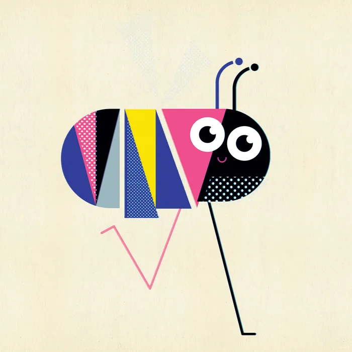 Geometric colorful ant illustration with big eyes and patterned body