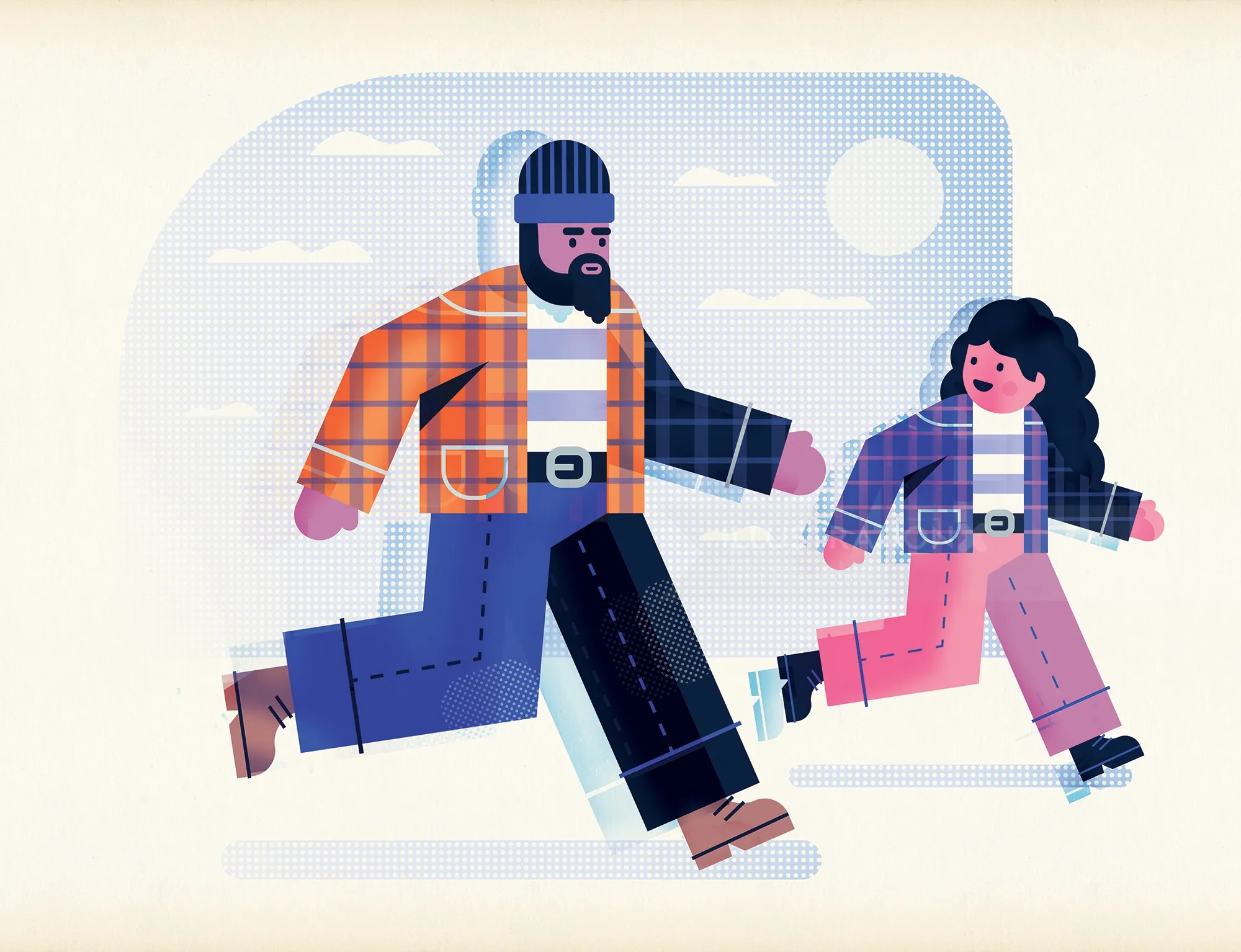 Happy father and child running together in an outdoor scene