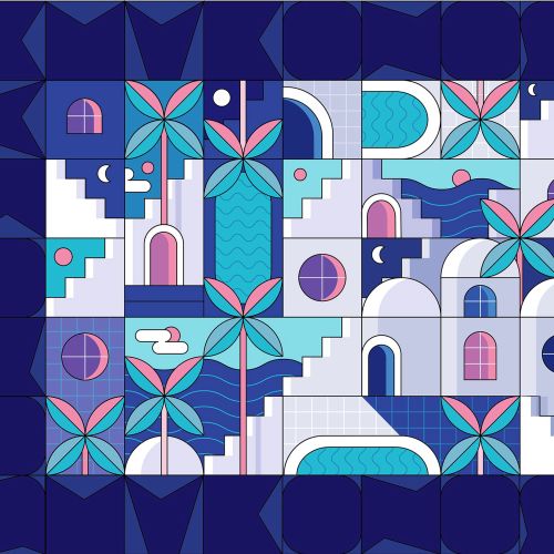 Stylized geometric artwork of Mediterranean buildings and palms