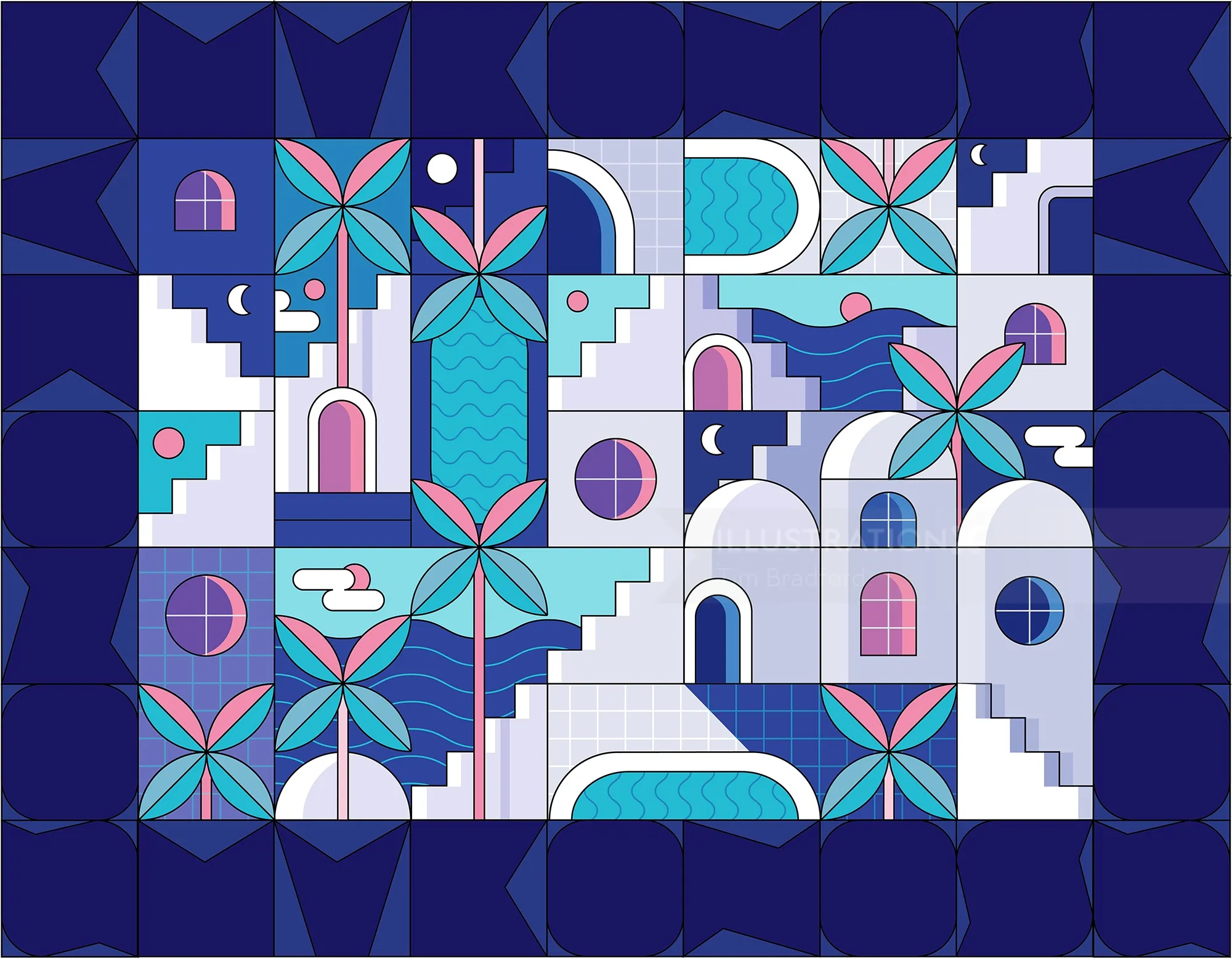 Stylized geometric artwork of Mediterranean buildings and palms