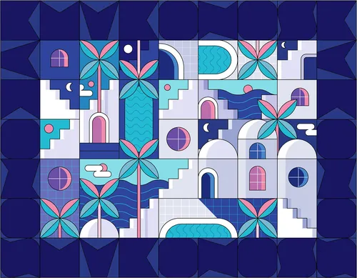 Stylized geometric artwork of Mediterranean buildings and palms