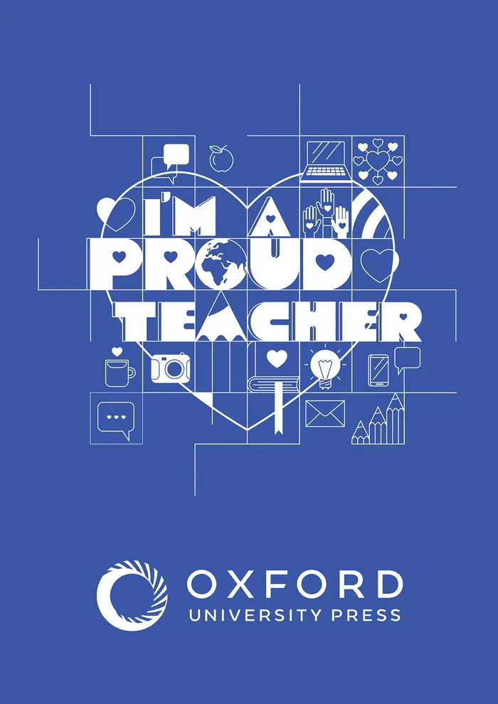 I'm a Proud Teacher text with educational icons on blue background