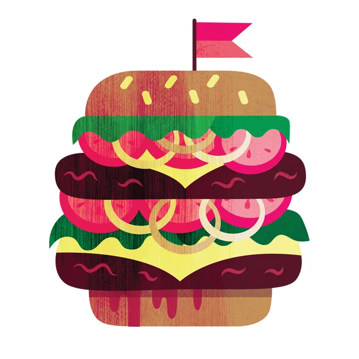 Illustration of a double cheeseburger with layers of ingredients and a top flag