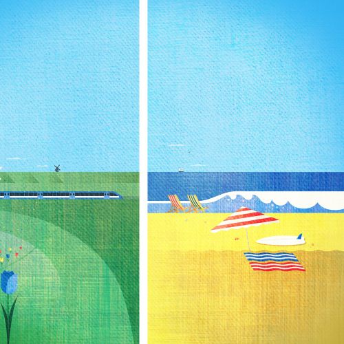 Split scene illustration of floral field and sunny beach