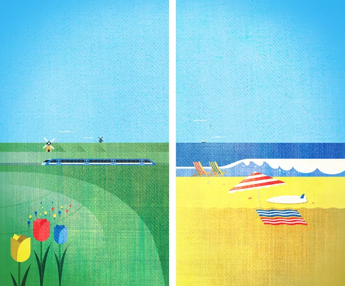 Split illustration of green field with flowers and beach with umbrellas and ocean
