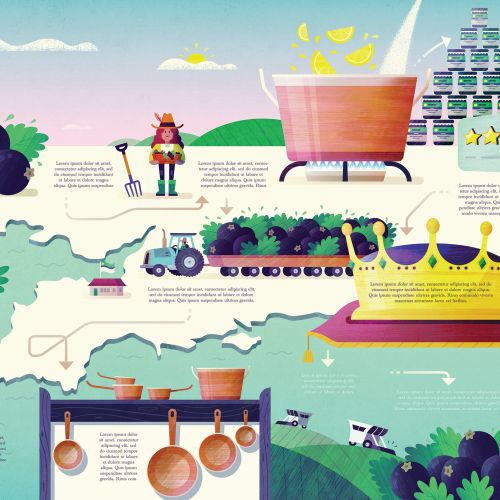 Illustration showing the jam production process from berries to jars