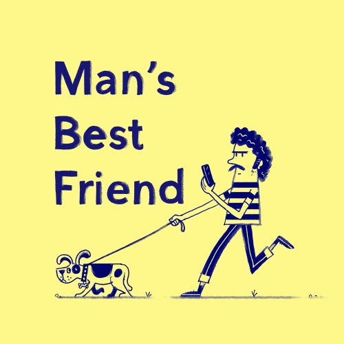 Stylized illustration of curly-haired man walking a dog