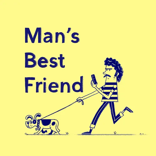 Stylized illustration of curly-haired man walking a dog