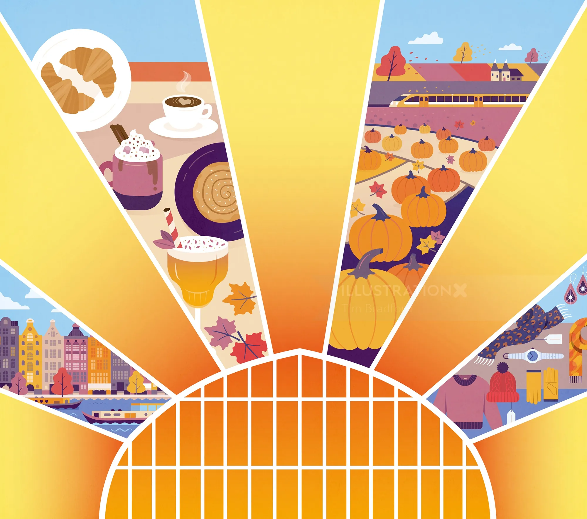 Autumn scenes with pumpkin patches, fall treats, and outdoor activities by Tim Bradford