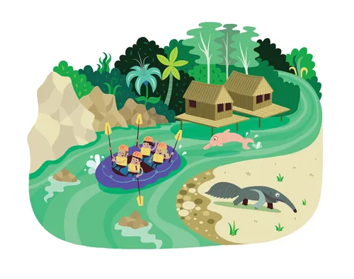People rafting on tropical river near huts and animals by Tim Bradford
