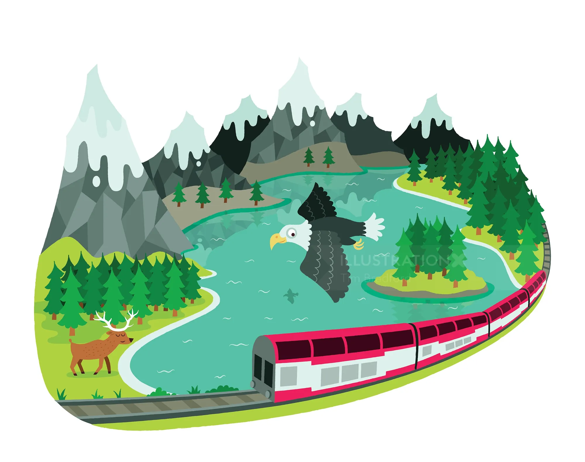 Train moving through mountains, river, forest, eagle flying, deer on grass by Tim Bradford