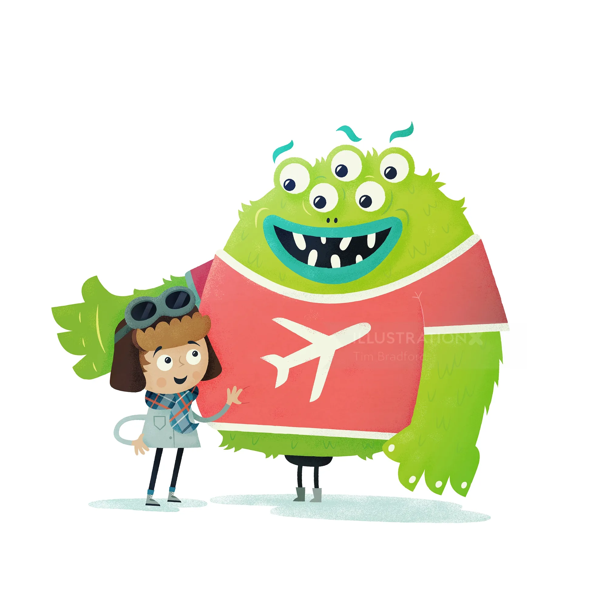 Child in aviator goggles with green four-eyed monster by Tim Bradford