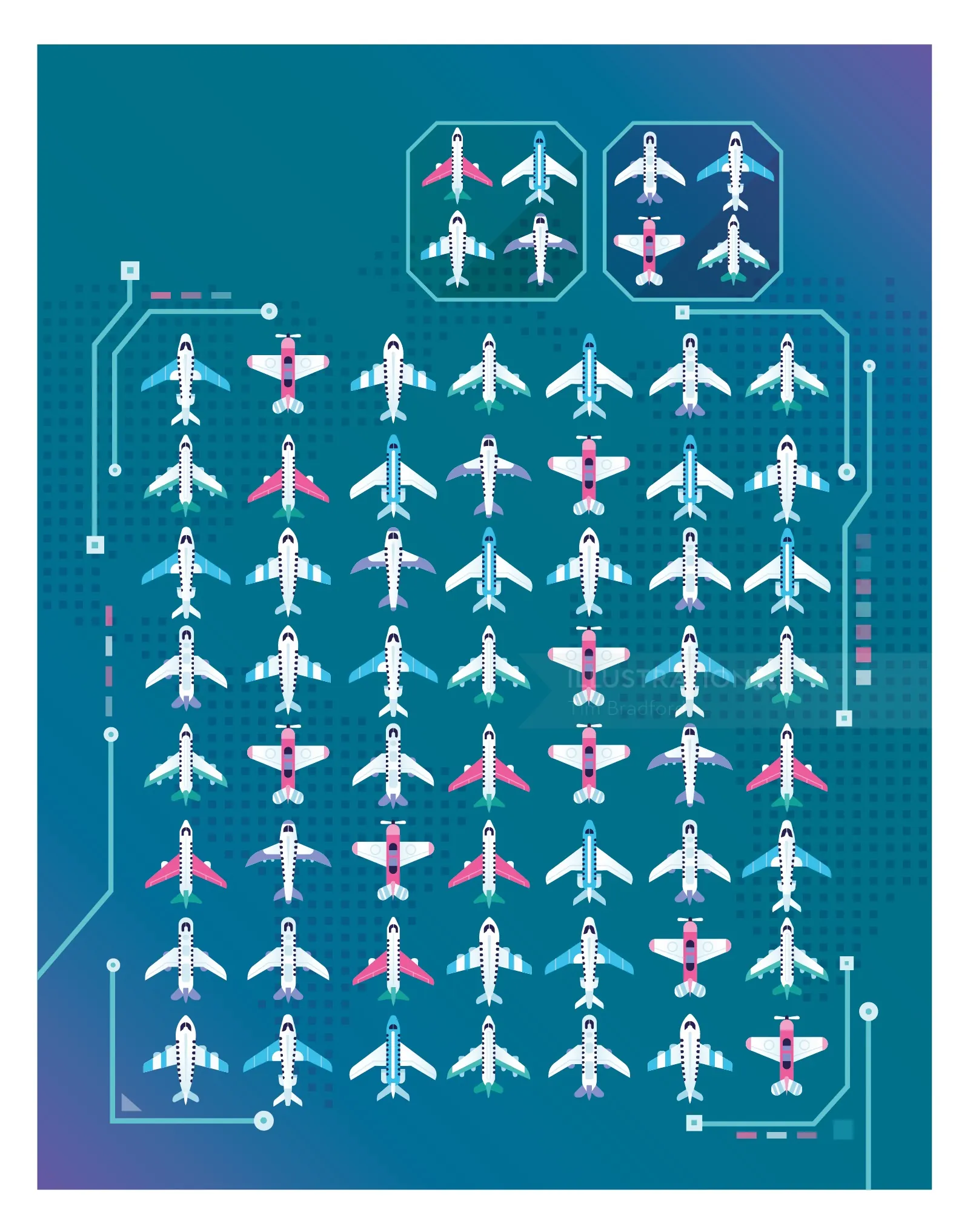 Diagram of airplane seating layouts and configurations by Tim Bradford