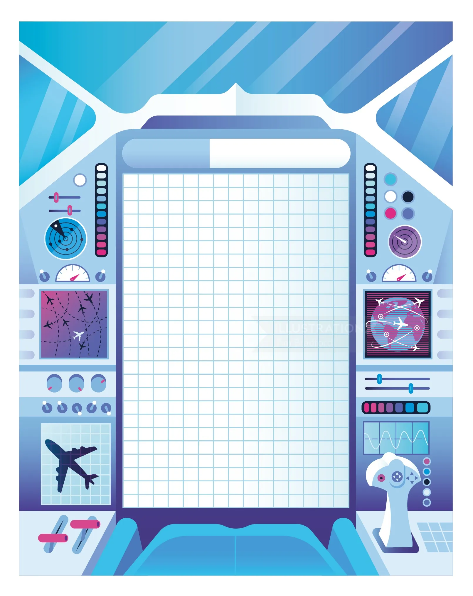 Interface futuriste de cockpit d'avion avec écran quadrillé et commandes par Tim Bradford