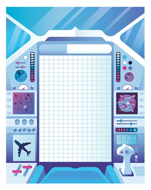 Futuristic airplane cockpit interface with grid screen and controls by Tim Bradford