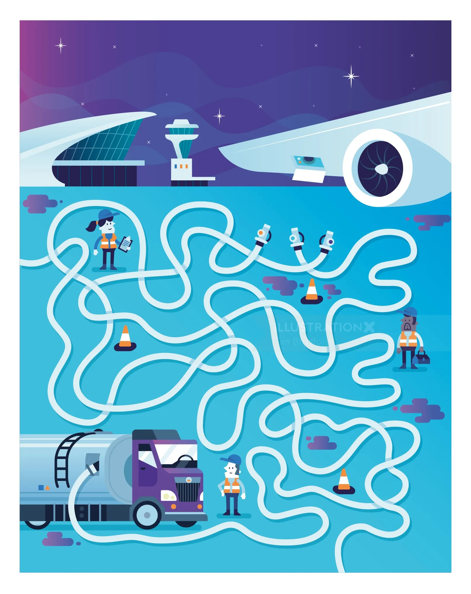 Airport ground crew navigating runway maze with airplane and fuel truck, by Tim Bradford