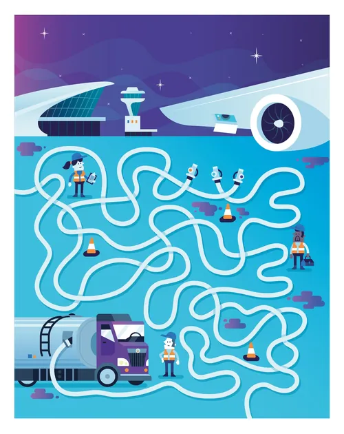 Airport ground crew navigating runway maze with airplane and fuel truck, by Tim Bradford