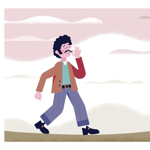 Illustration by Tim Bradford of a person walking beside a praying mantis