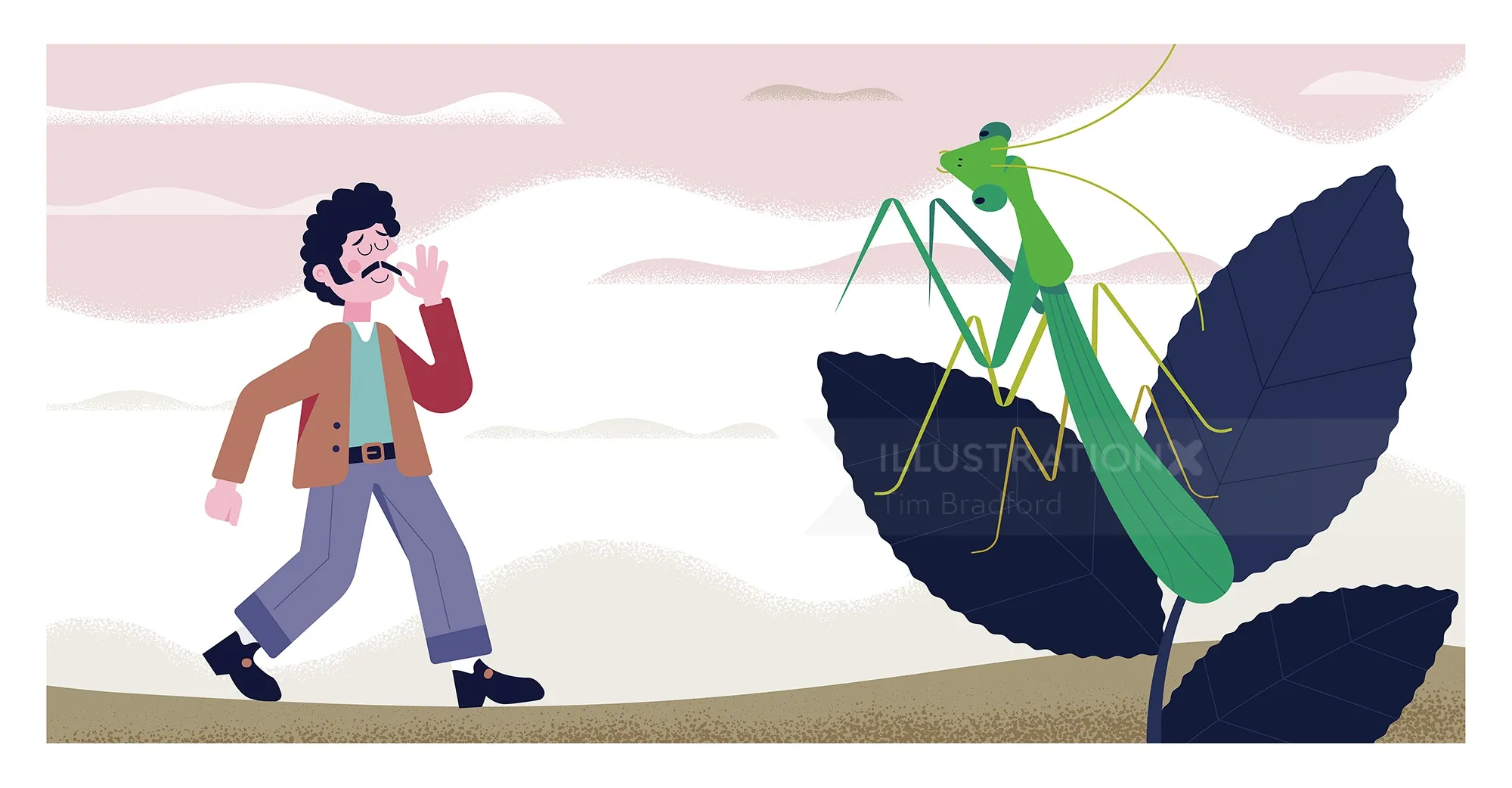 Illustration by Tim Bradford of a person walking beside a praying mantis