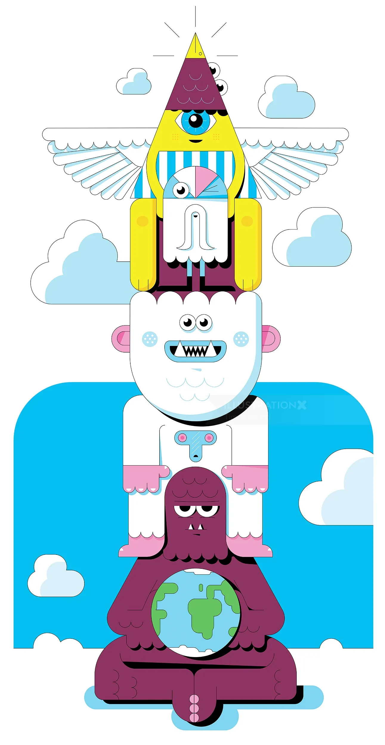 Illustration colorée d'un personnage composé de totems empilés par Tim Bradford