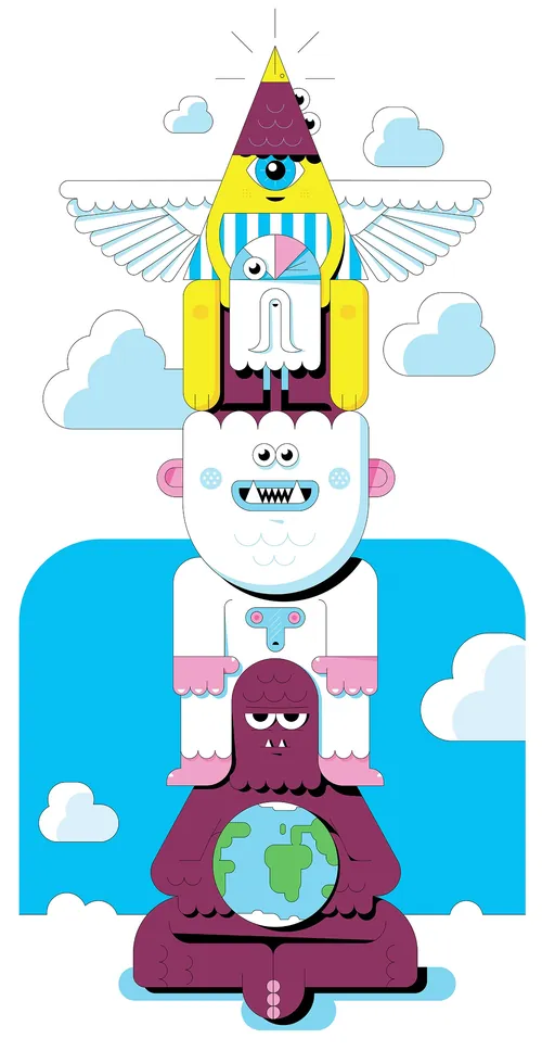 Illustration colorée d'un personnage composé de totems empilés par Tim Bradford
