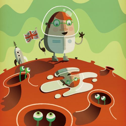 satirical illustration of man on another planet

