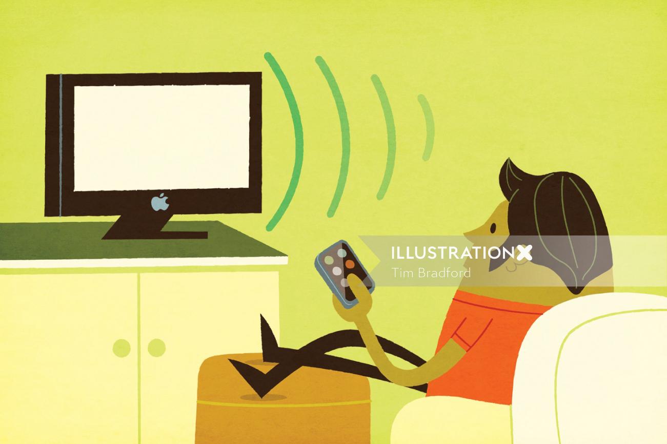 Illustration of male character watching tv