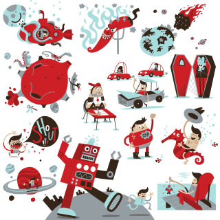 Ilustración de guión gráfico de personajes rojos.
