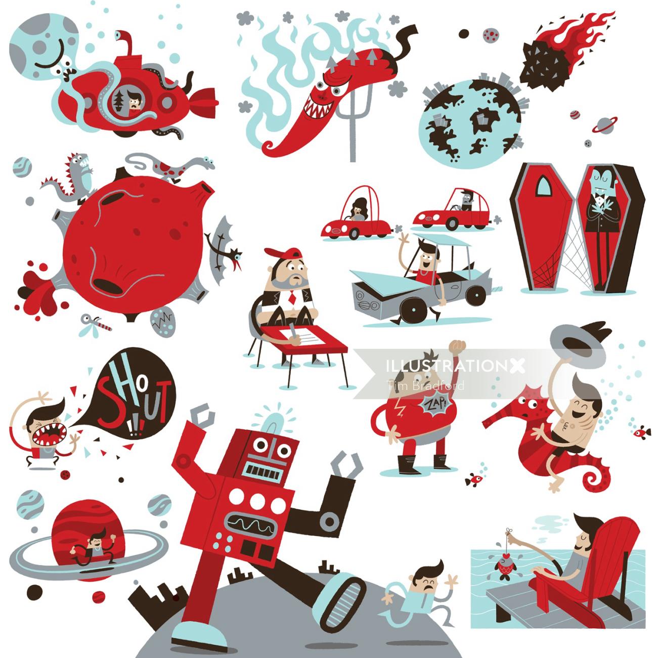 Storyboard illustration of red characters
