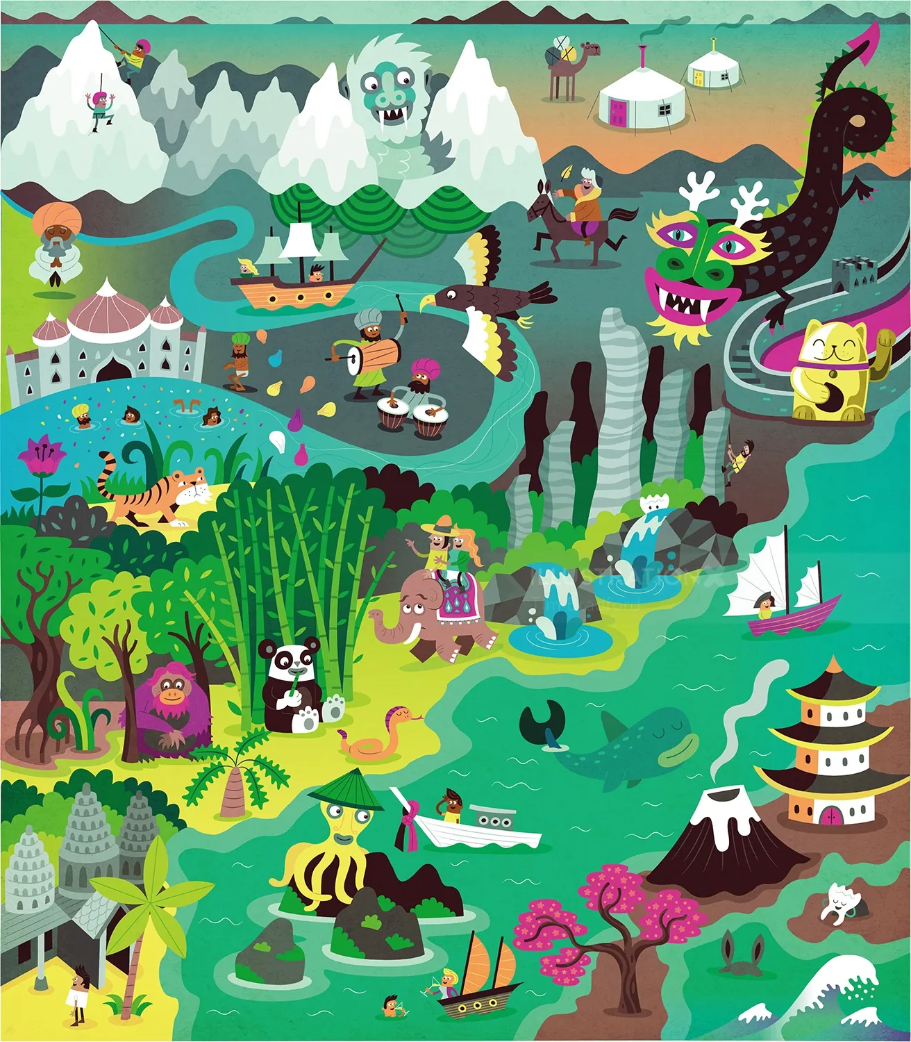 Detaillierte Fantasy-Illustration mit Tieren und magischen Wesen
