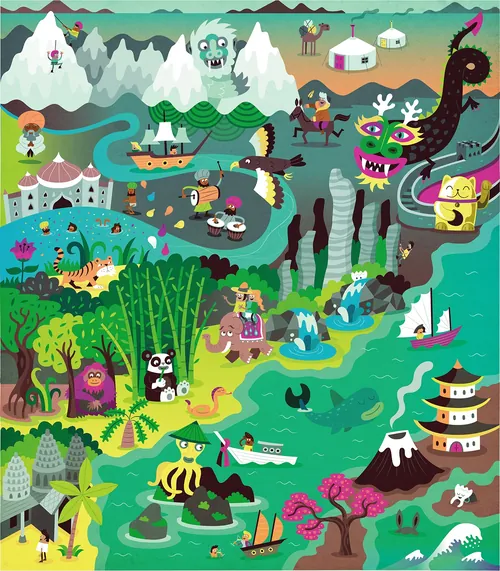 Detailed fantasy illustration featuring animals and magical beings