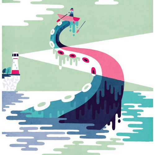 Fisherman on octopus tentacle near lighthouse by Tim Bradford